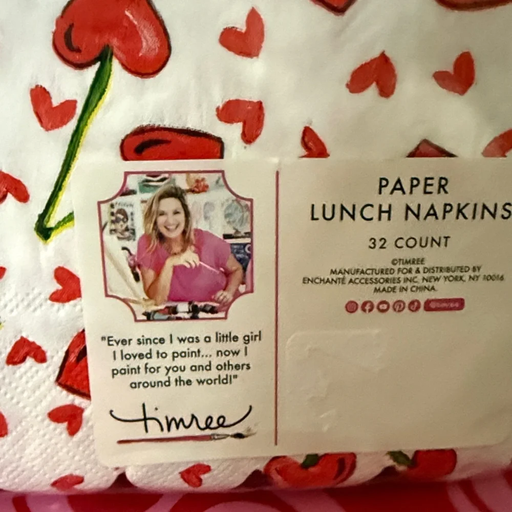 Pink Heart Gift Bags Set of 6 & 32 count Cherry Hearts Lunch Napkins